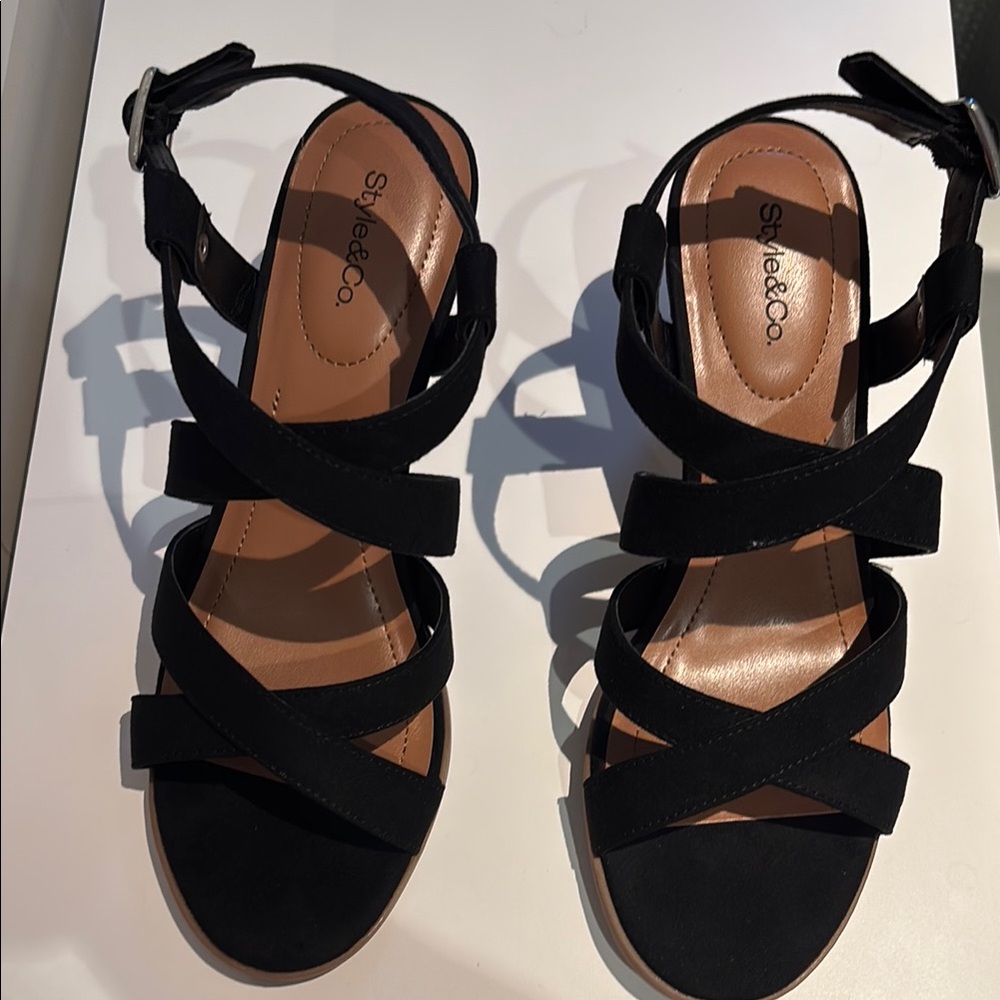 Style & Co. Black Strappy Sandals with Ankle Strap
New, never worn